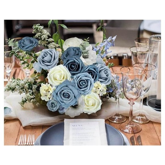 Other - 35 Piece | Dusty Blue Roses Shades & Ivory White Bouquet Flowers Wedding Floral